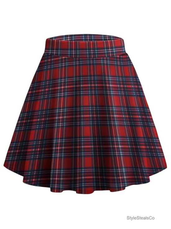 Dresses & Skirts - Women's Plaid Mini Skater Skirt High Waist A-Line Stretchable